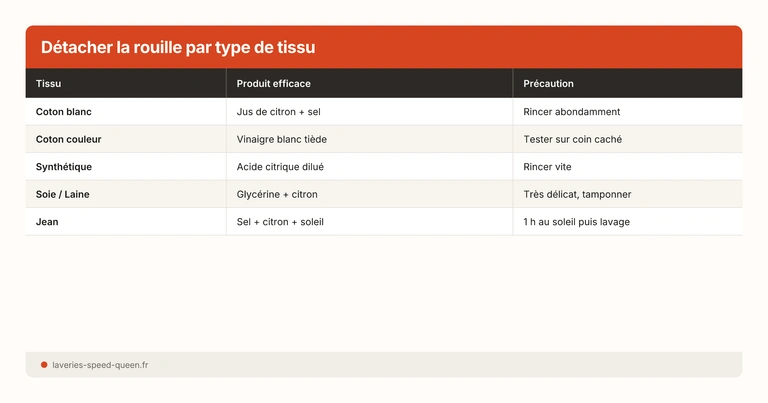 Tableau détachage rouille par type de tissu et produit efficace